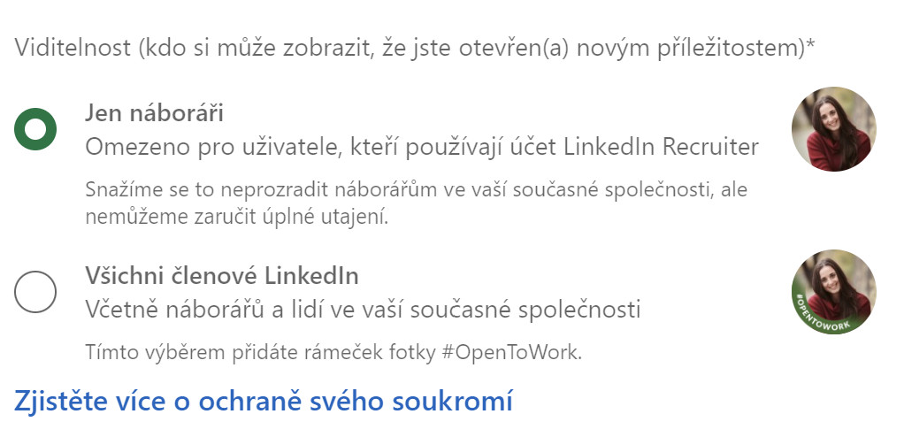 Nastavení LinkedIn open to work